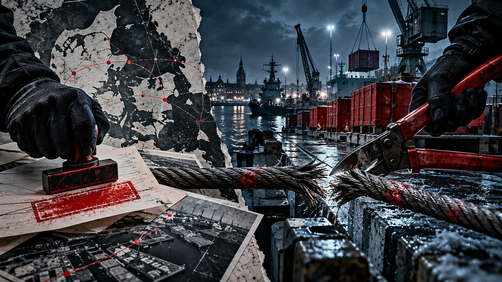 A cold Copenhagen harbor rendered as an editorial collage: gloved hands stamp covert-operation papers and cut a steel supply cable in front of defense cargo crates and a torn map of Denmark.