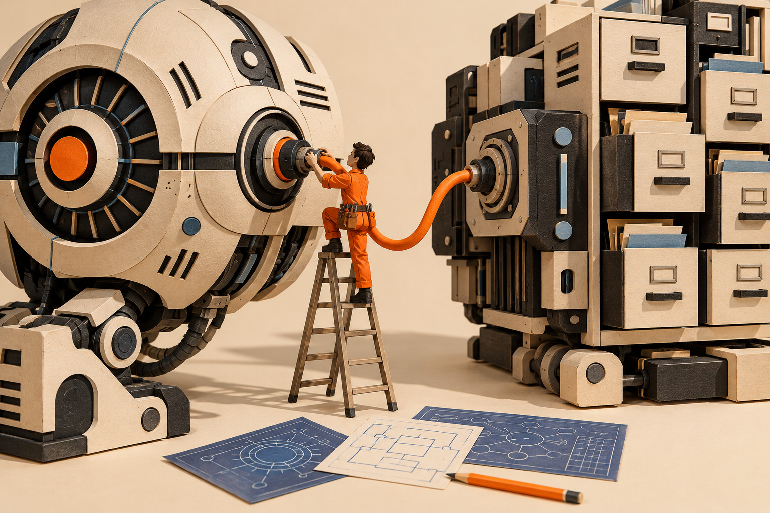A miniature engineer in orange coveralls connects a futuristic cardboard machine to a towering filing-drawer machine with an orange cable, beside blueprints and a pencil