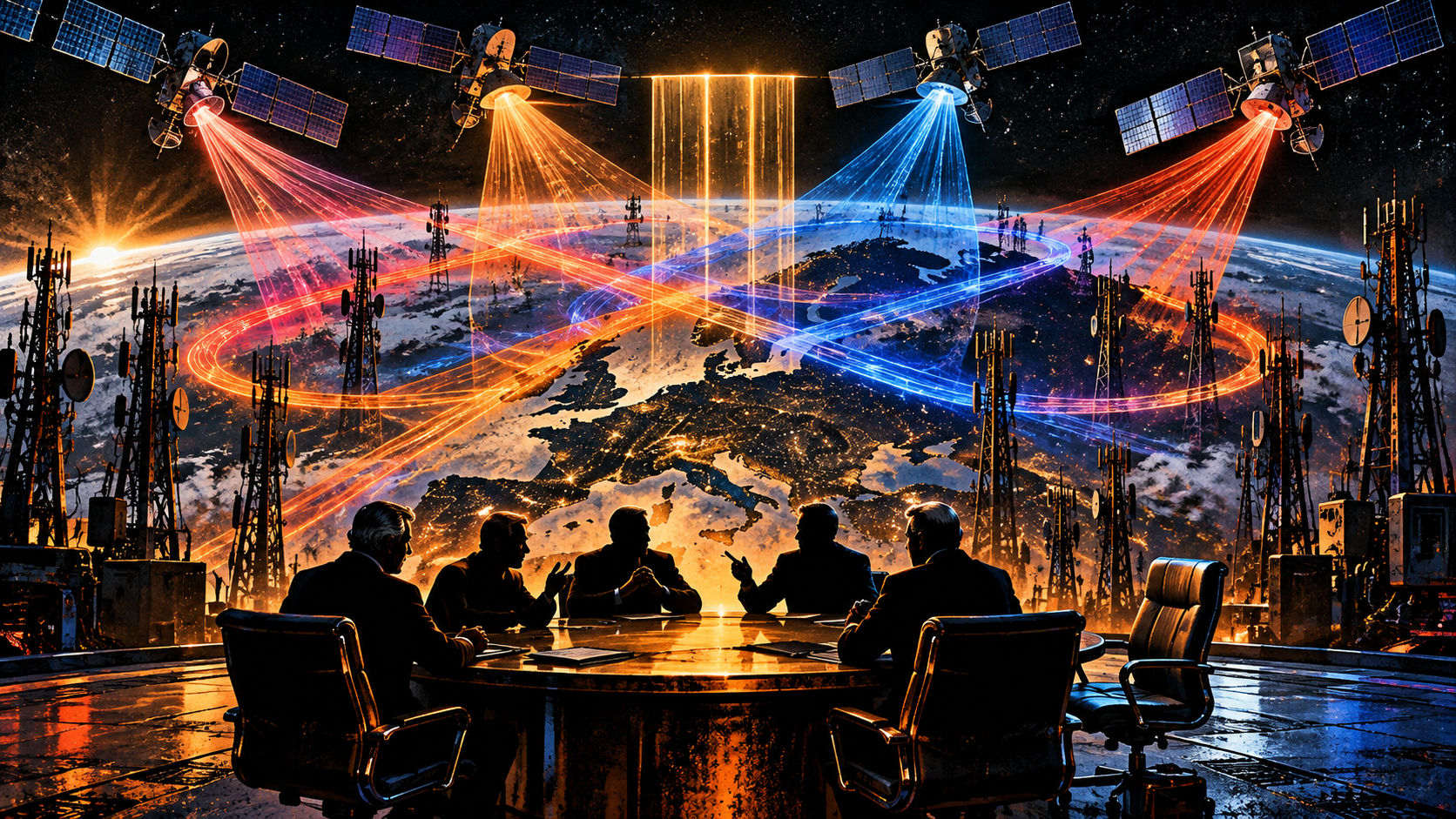 Cinematic conceptual depiction of telecom executives sitting at a glossy table below satellites sending colorful signals across Europe, with one chair empty to symbolize an unchosen satellite partner; not an actual company meeting, launch or technically precise geographic map.