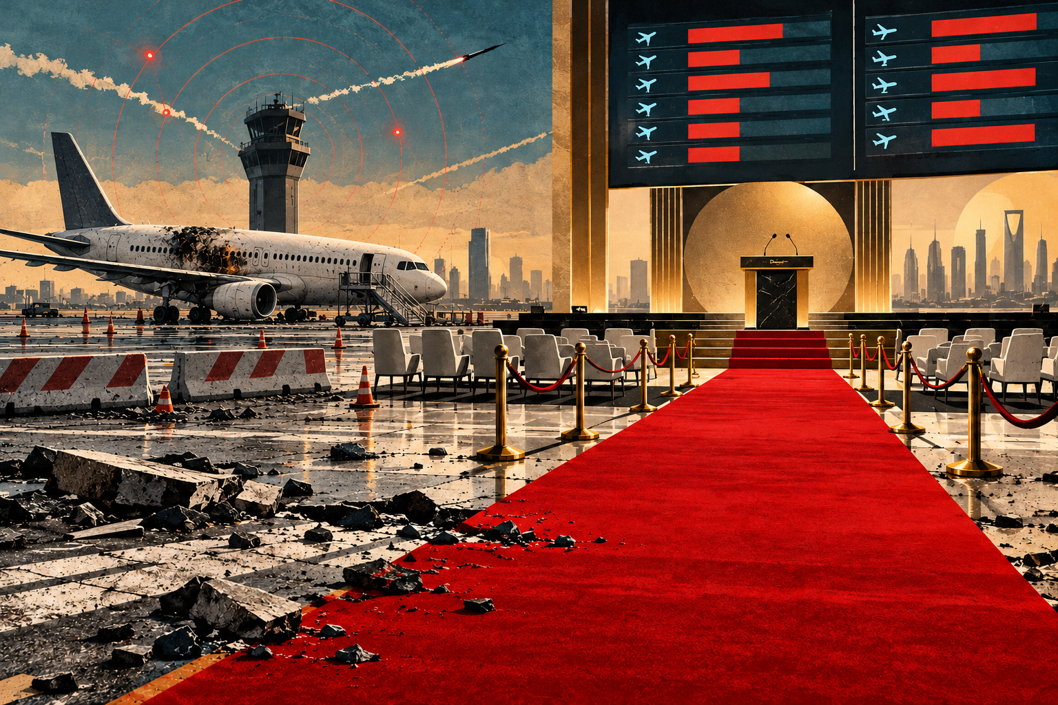 Conceptual screenprint collage of a damaged but intact airliner beside a closed runway, red radar-warning arcs and abstract cancellation boards. A red carpet crosses the disrupted airport toward an empty gold conference lectern, contrasting travel risk with institutional continuity. No victims or real event photograph are shown.