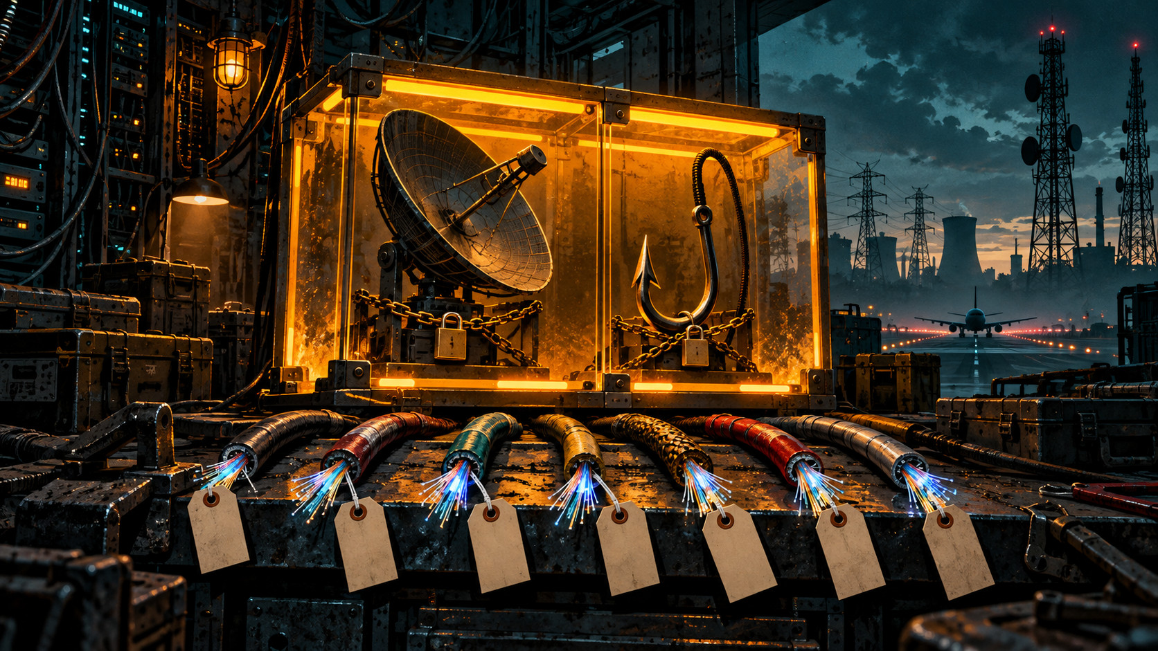A radar dish and a large fishing hook sit chained and padlocked in an amber-lit display case. Seven severed fiber-optic cables with blank tags lie in front, with power lines, communications towers and an airport runway beyond.