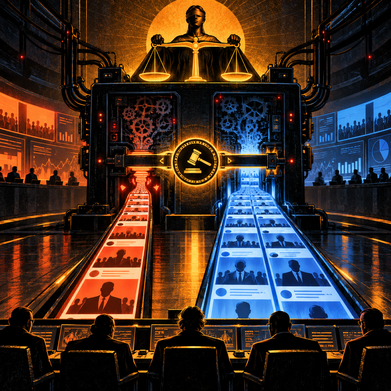 Conceptual orange-and-blue illustration of a blindfolded justice figure above an algorithm machine feeding two differently sized campaign-content lanes, with officials monitoring screens; not evidence of actual platform bias.