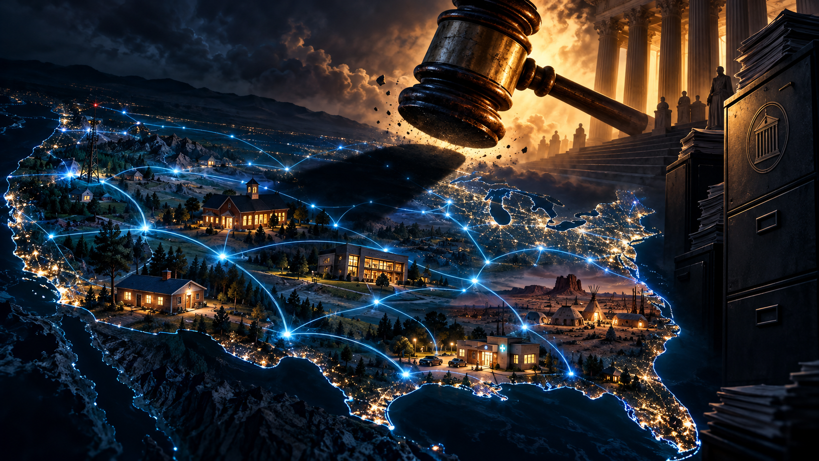 Conceptual AI illustration of a courtroom gavel looming above a still-lit U.S. communications network connecting homes, a school, a library and a clinic. Symbolic legal risk, not an actual outage or documentary map.