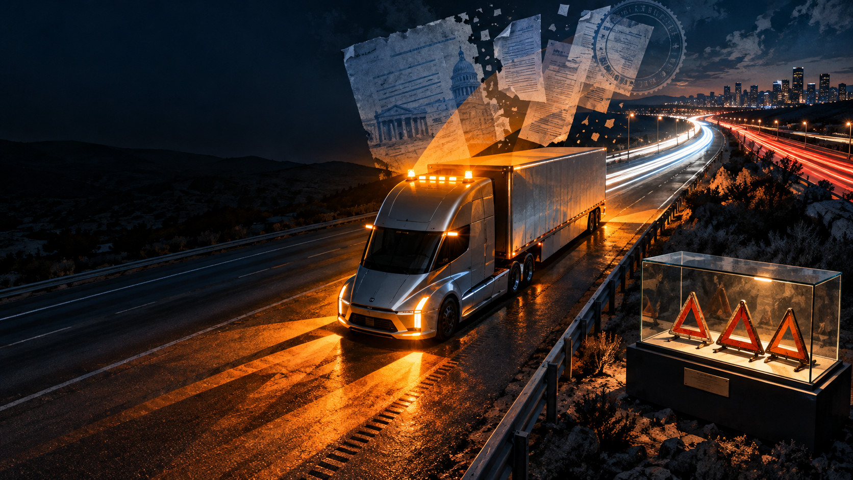 An illustrated silver semi-truck with amber roof beacons on a dark highway, beside a glass case holding three reflective triangles, with floating regulatory pages overhead.