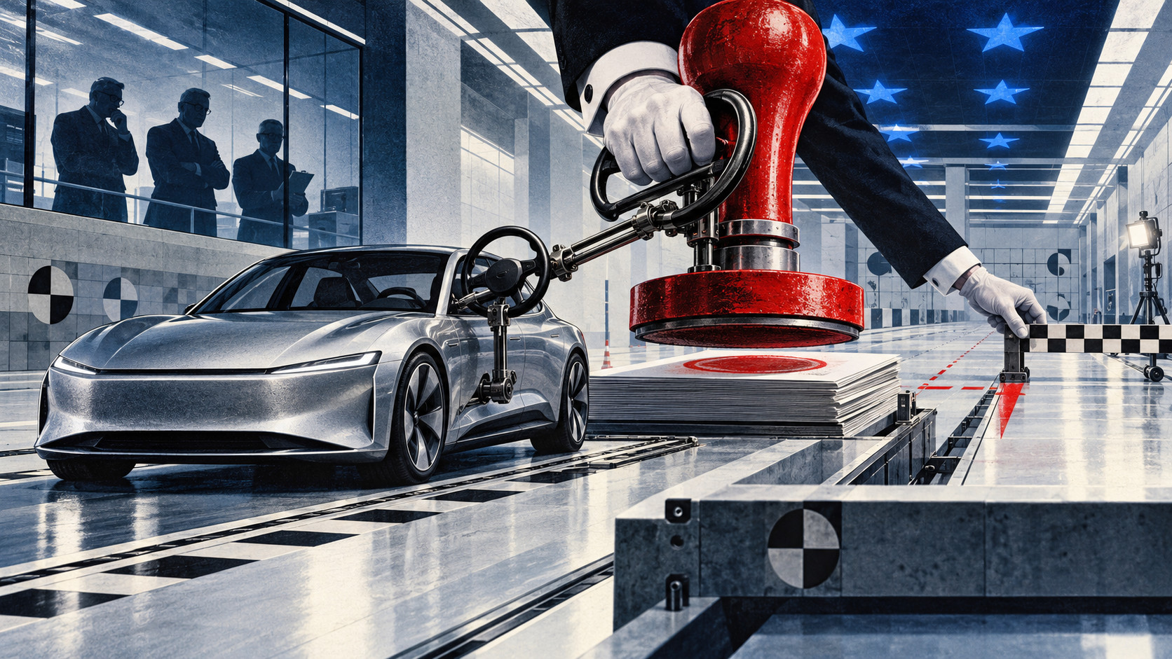 Editorial illustration of an unbranded silver electric car inside a European test hall, with a second steering wheel connected to a giant red approval stamp while a gloved hand moves the finish line and regulators watch behind glass.