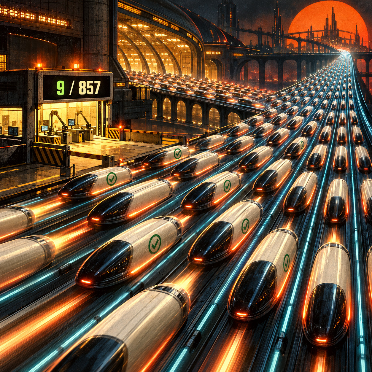 Generated editorial illustration of streams of model-like capsules leaving a futuristic terminal beside a booth marked 9 / 857; a few capsules have green check marks. The scene symbolizes public disclosure at launch, not proven testing or safety outcomes.