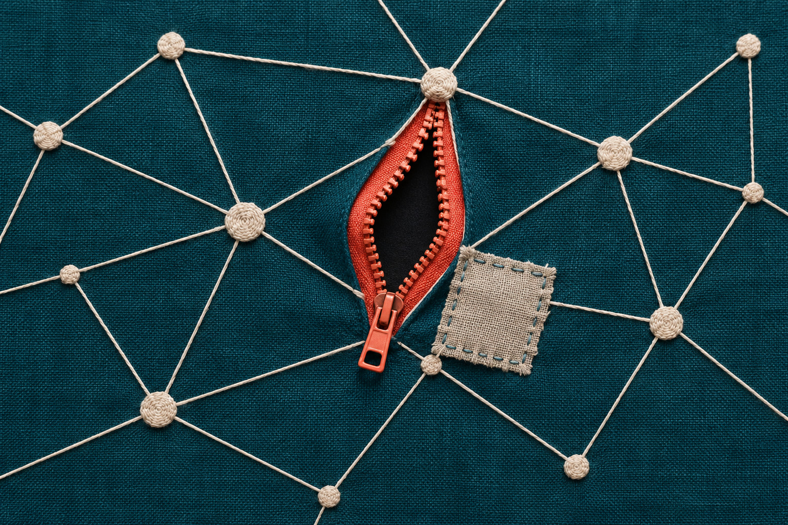 White embroidered network threads cross deep teal fabric around an open coral zipper revealing a dark gap, with a small stitched repair patch alongside.