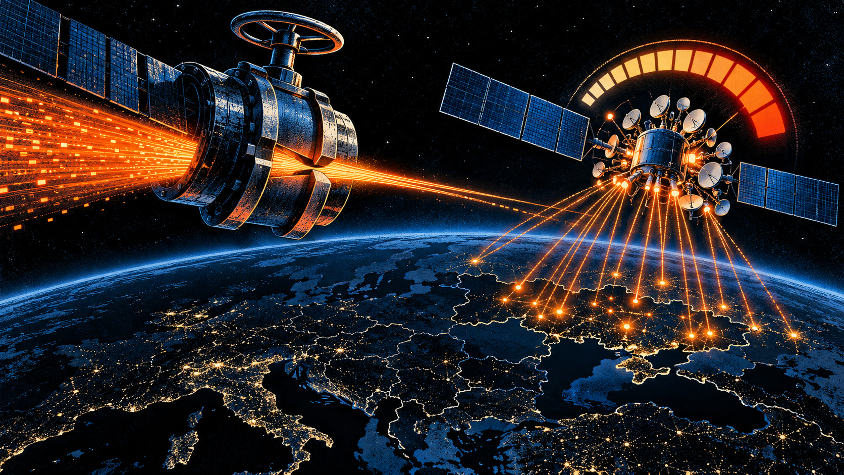 AI-generated conceptual illustration of a giant valve narrowing an orange satellite-data beam above Europe, beside a relay satellite with many dishes and a glowing capacity gauge; not a depiction of measured current capacity.