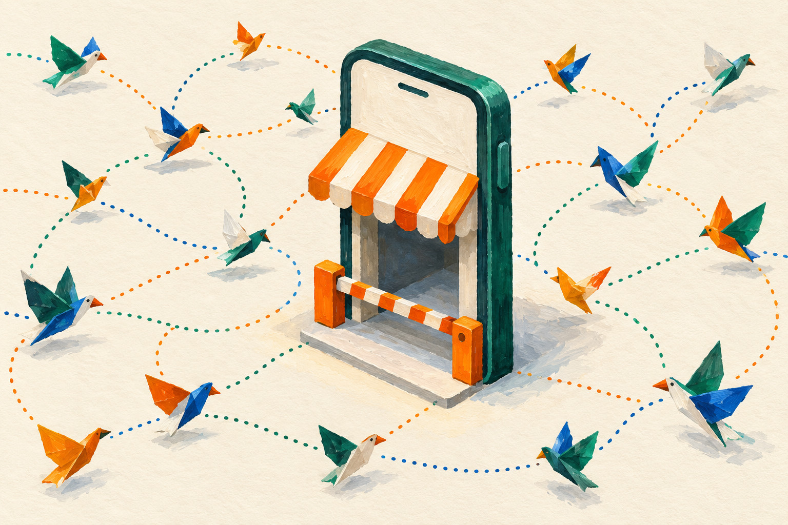 Gouache illustration of a smartphone-shaped shop with a lowered orange-and-ivory barrier, surrounded by colorful paper birds connected by dotted paths.
