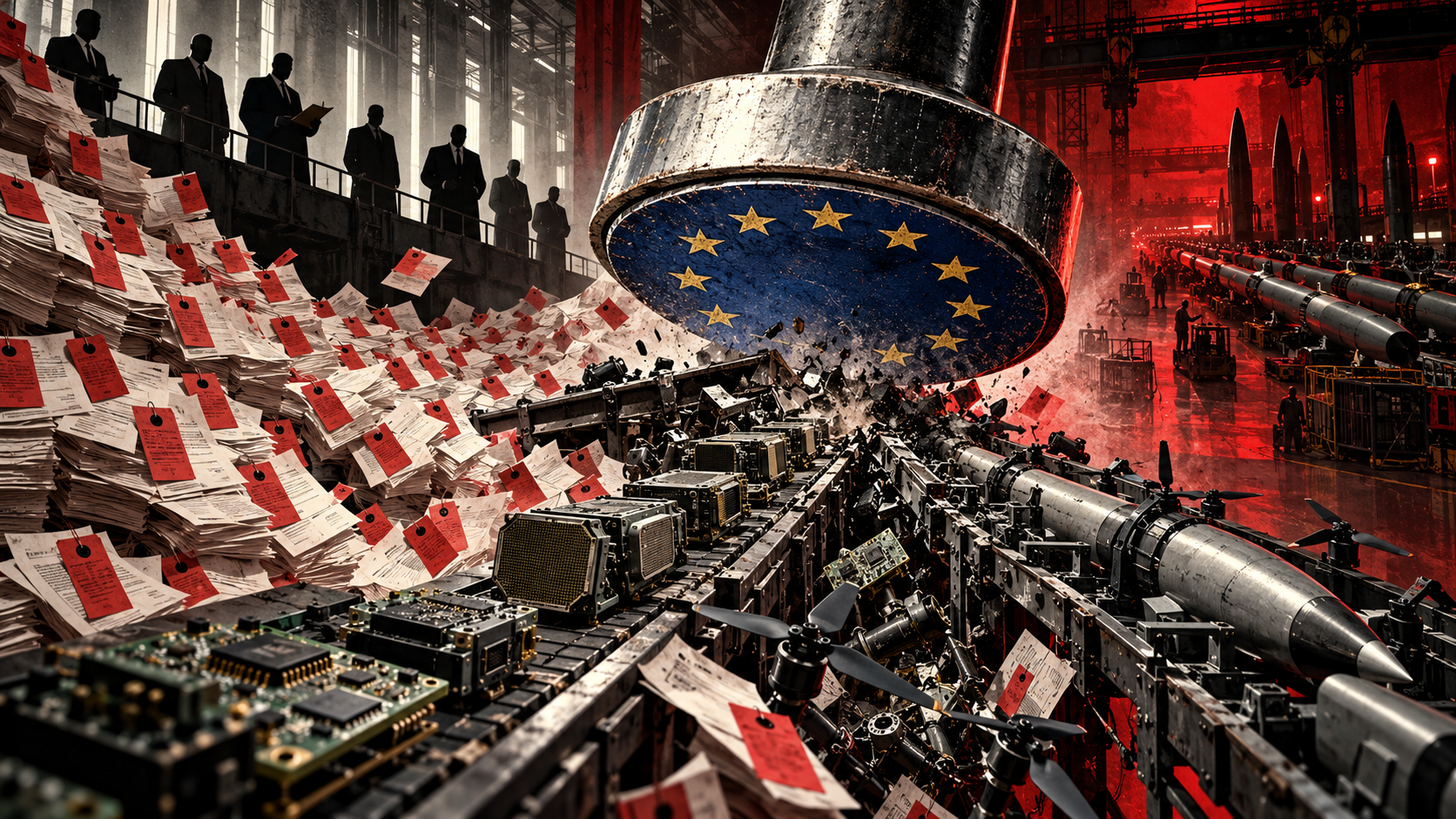 Editorial illustration of a huge EU-starred steel stamp pressing down on a conveyor of missile components and circuit boards, beside piles of red-tagged dossiers and silhouetted executives.
