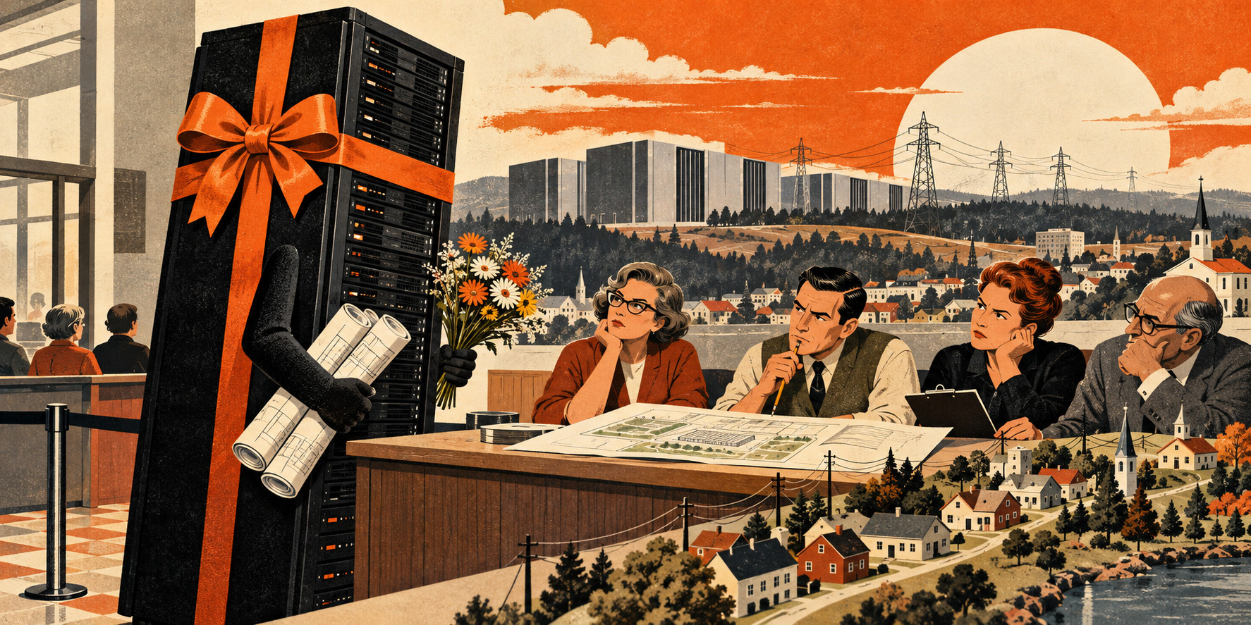 AI-generated satirical illustration of a ribbon-wrapped server cabinet holding flowers and blueprints before skeptical adults at a town planning table, with homes, power lines and data centers behind them.