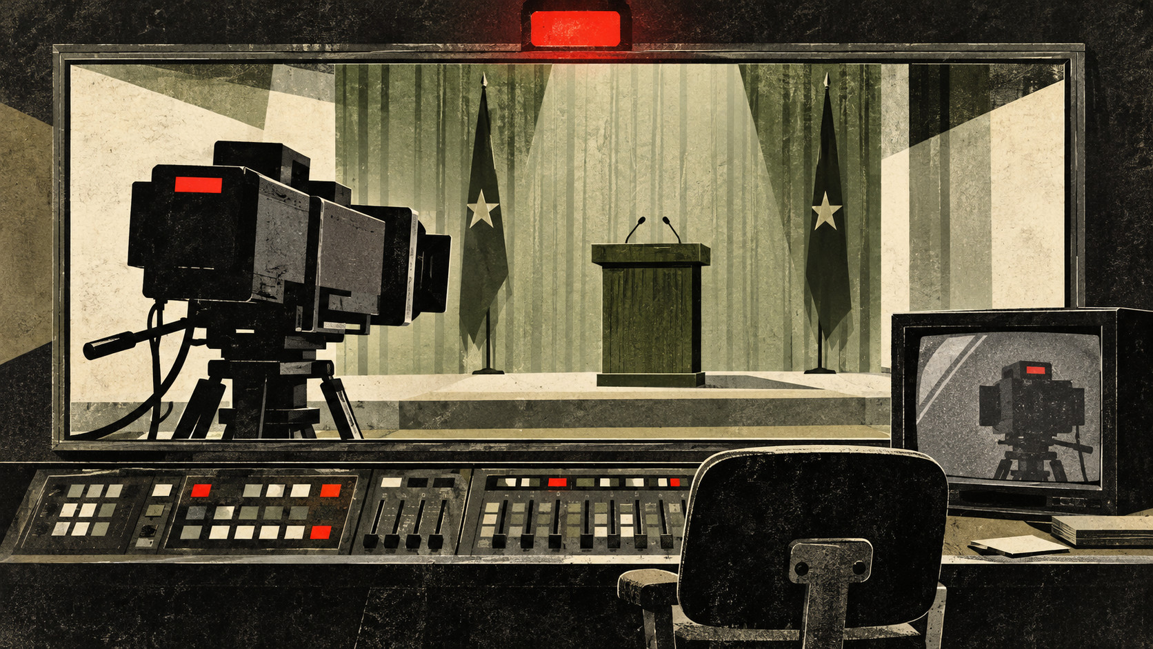 An empty broadcast control room faces a large television camera and vacant press podium. Red indicator lights glow above the window and on the camera, while a monitor shows the same camera.
