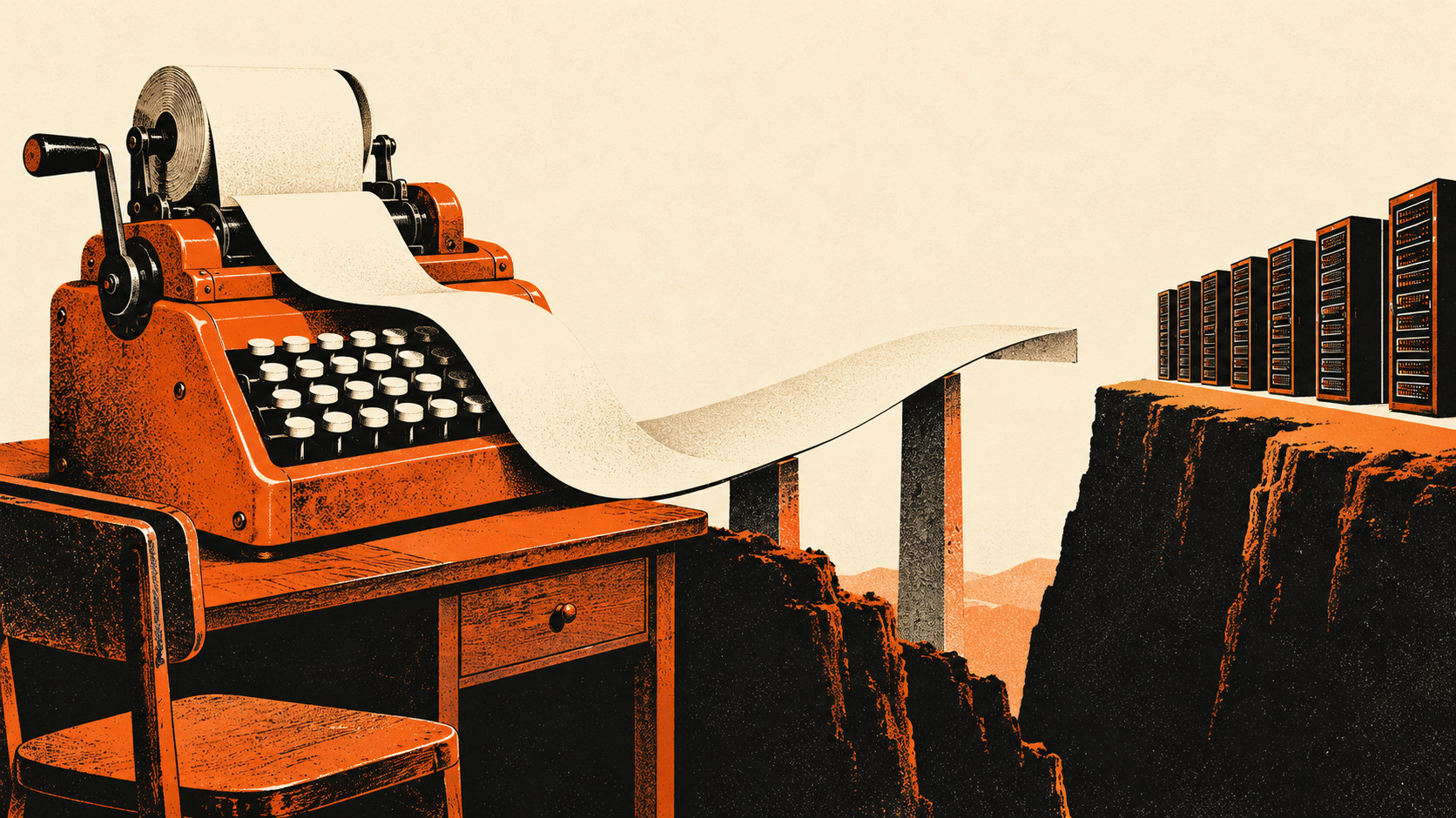 An oversized orange adding machine feeds blank paper into an unfinished bridge across a gap toward orderly server racks, in a black-and-ivory screenprint.