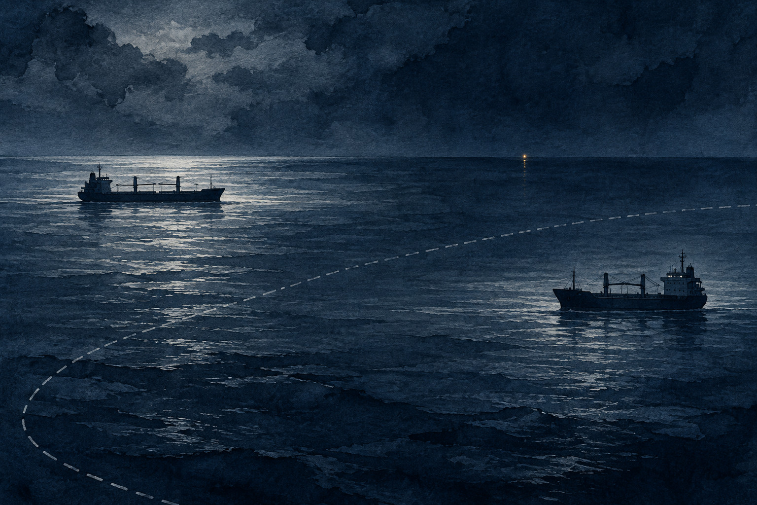 Conceptual indigo ink-wash illustration of two merchant ships separated by open water, with a silver dashed maritime-zone curve and a distant amber navigation light.