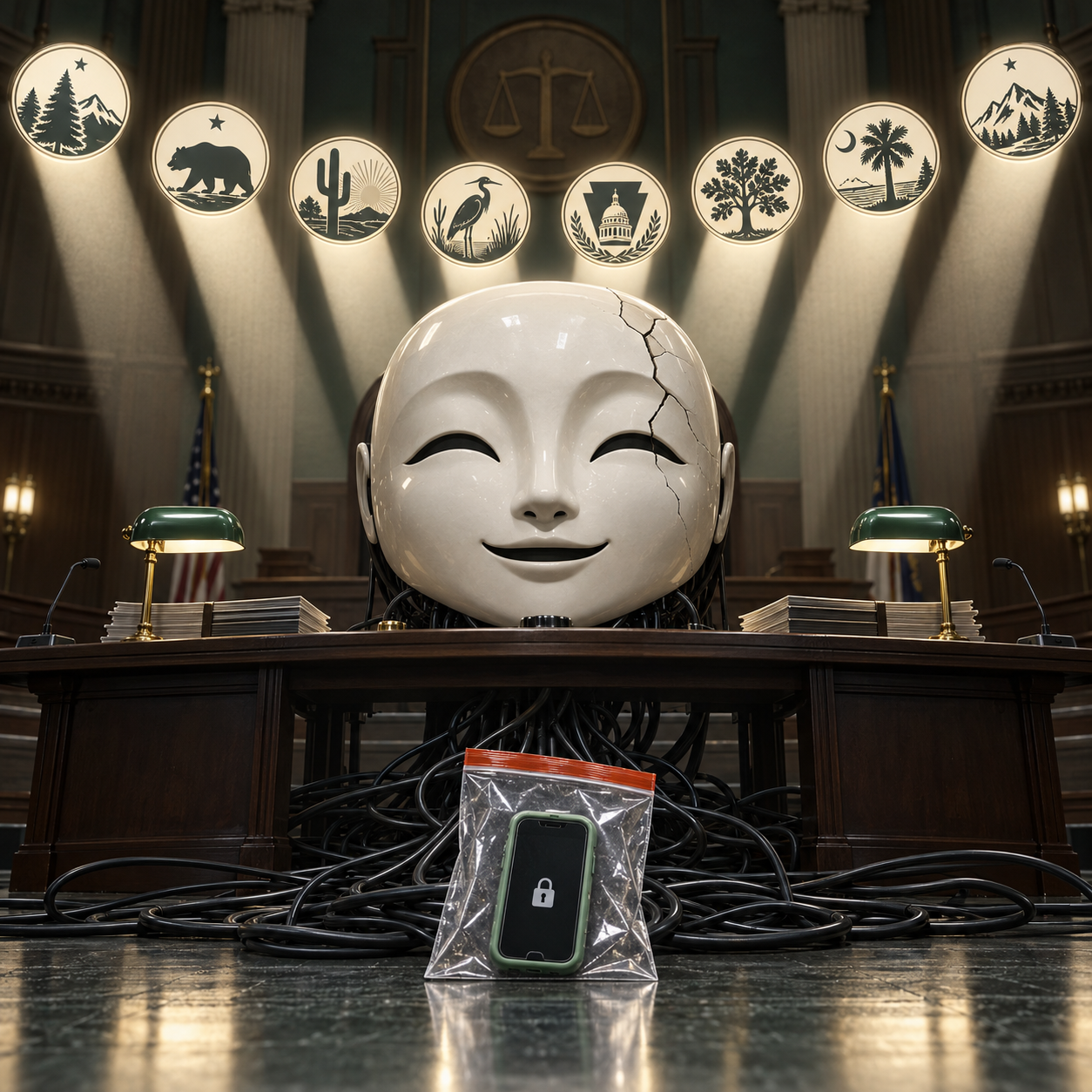 Conceptual AI illustration of a cracked smiling chatbot mask at a courtroom table under emblem-shaped spotlights, with cables leading to a phone in an evidence bag. Not documentary evidence or a finding of liability.