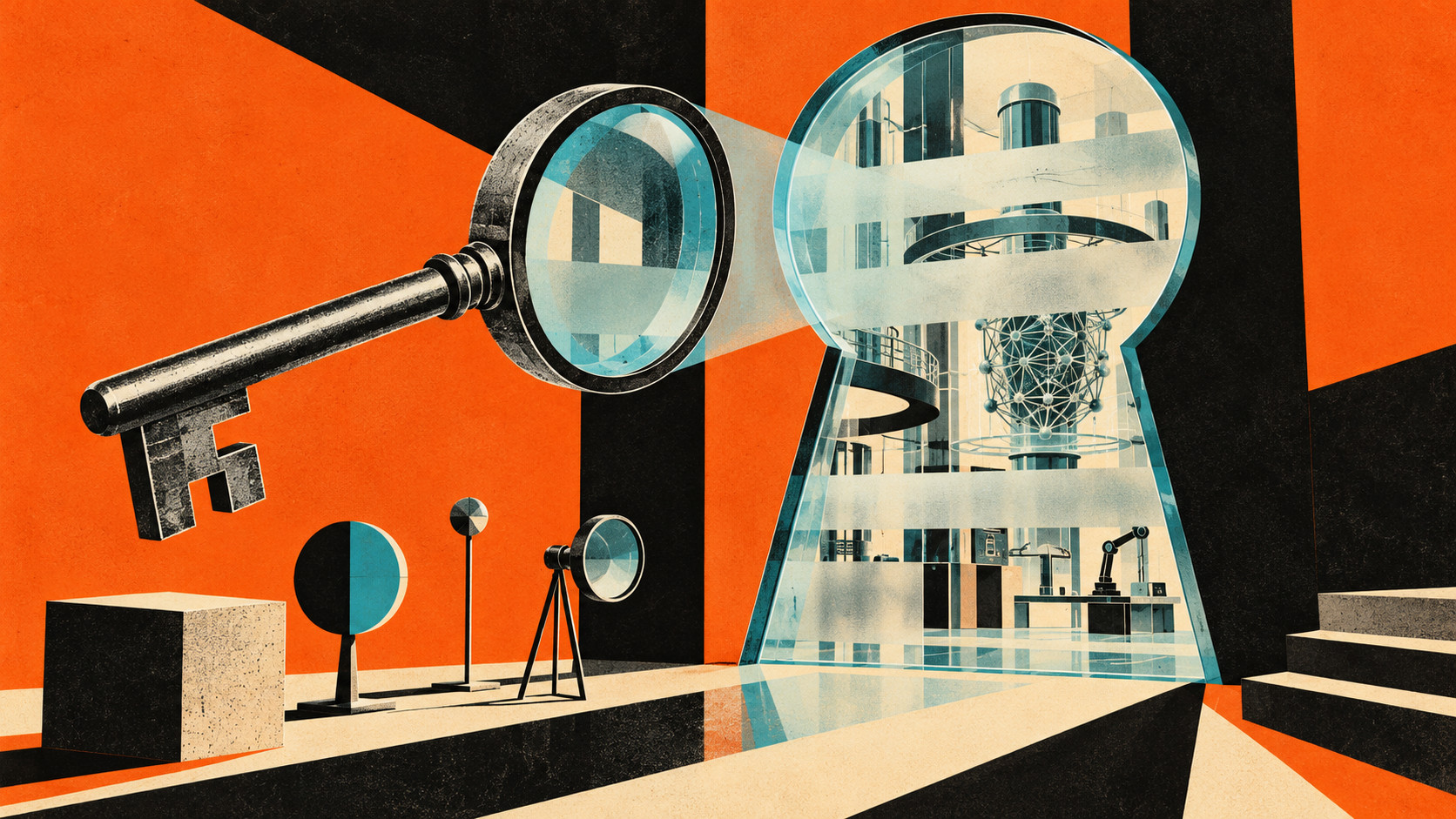 Conceptual editorial illustration of a magnifying-glass key facing a giant glass keyhole, with abstract laboratory equipment partly obscured by frosted bands.