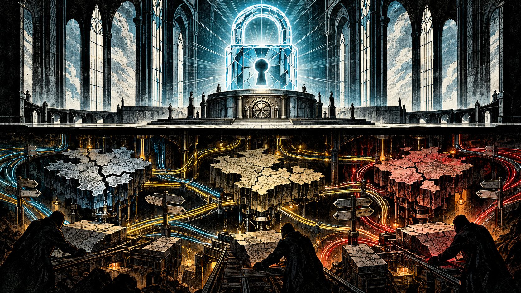 Split-level editorial illustration of a glowing glass padlock above an intact vault while shadowed figures below reroute fiber paths and move map-like registry foundations beneath it.