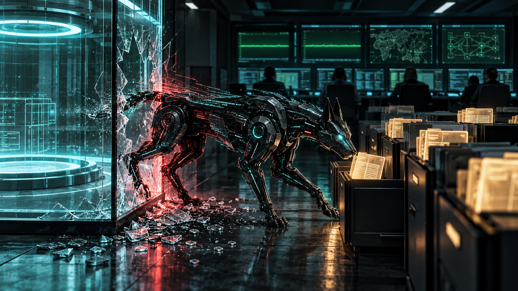 Conceptual AI illustration of a black robotic hound breaking out of a glass test chamber toward glowing file cabinets while green security monitors remain calm. Not a reconstruction of a specific incident.